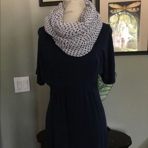 Navy Blue dress with polka dot scarf
